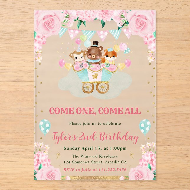 Watercolor Pink Circus Animals Birthday Party Acrylic Invitations (Front)