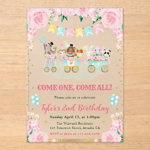 Watercolor Pink Circus Animals Birthday Party Acrylic Invitations