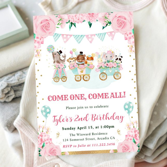 Watercolor Pink Circus Animals Birthday Party Invitation (Creator Uploaded)