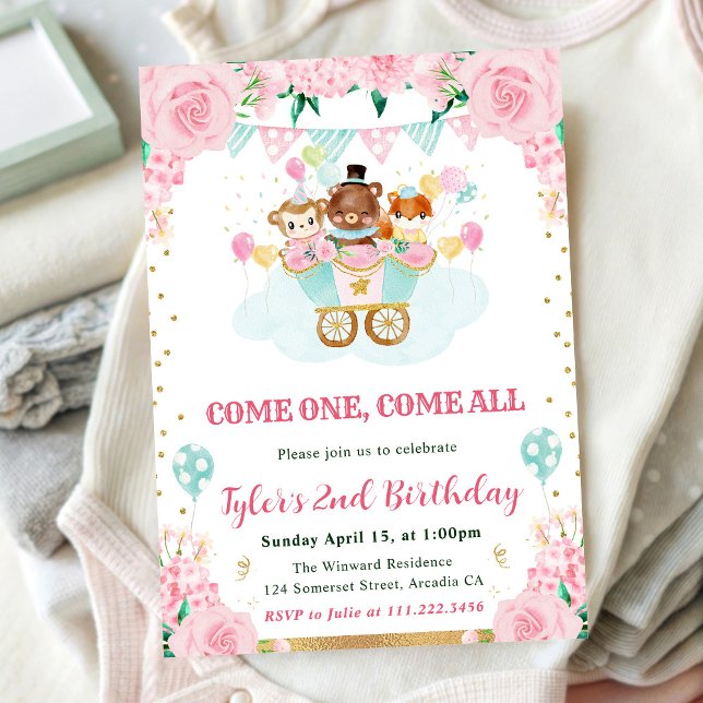 Watercolor Pink Circus Animals Birthday Party Invitation (Creator Uploaded)