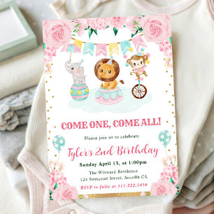 Watercolor Pink Circus Animals Birthday Party Invitation