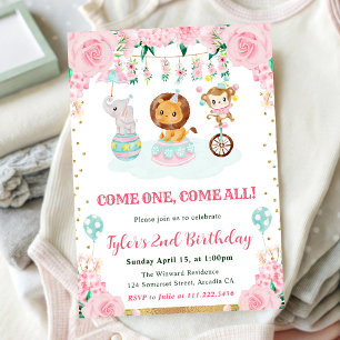 Watercolor Pink Circus Animals Birthday Party Invitation