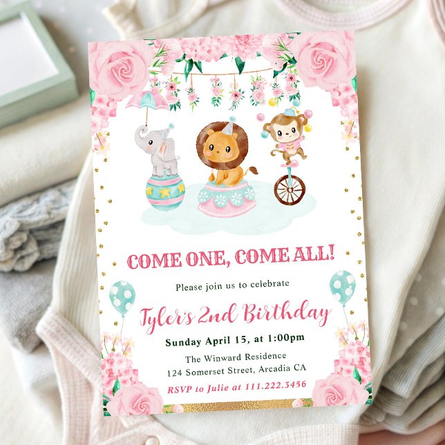 Watercolor Pink Circus Animals Birthday Party Invitation (Creator Uploaded)