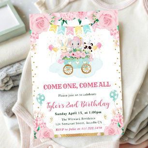 Watercolor Pink Circus Animals Birthday Party Invitation