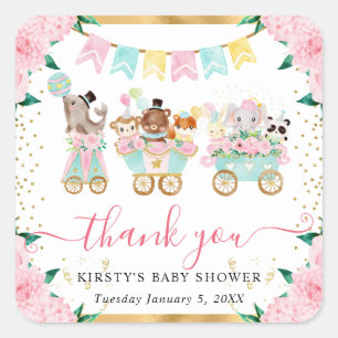 Watercolor Pink Circus Animals Floral Baby Shower Square Sticker