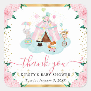 Watercolor Pink Circus Animals Floral Baby Shower Square Sticker