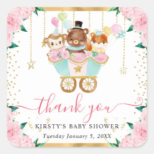 Watercolor Pink Circus Animals Floral Baby Shower Square Sticker