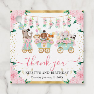 Watercolor Pink Circus Animals Floral Birthday Favour Tags