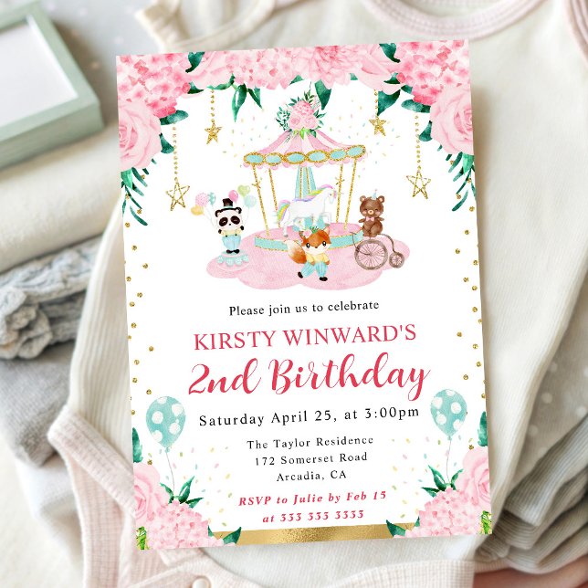 Watercolor Pink Circus Animals Kids Birthday Invitation (Creator Uploaded)