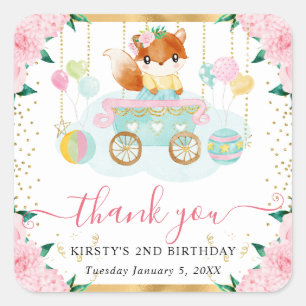Watercolor Pink Circus Fox Floral Birthday Square Sticker