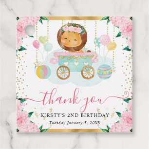Watercolor Pink Circus Lion Floral Birthday Favour Tags