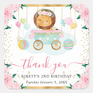 Watercolor Pink Circus Lion Floral Birthday Square Sticker