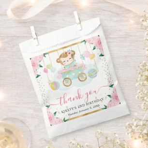 Watercolor Pink Circus Monkey Floral Birthday Favour Bags