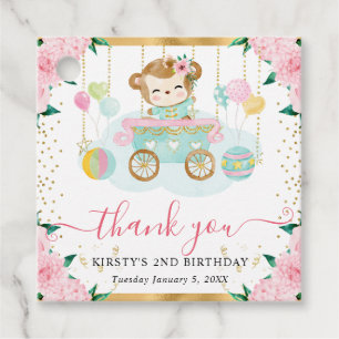Watercolor Pink Circus Monkey Floral Birthday Favour Tags
