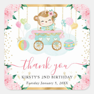 Watercolor Pink Circus Monkey Floral Birthday Square Sticker