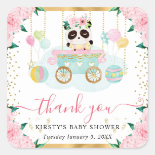 Watercolor Pink Circus Panda Floral Baby Shower Square Sticker