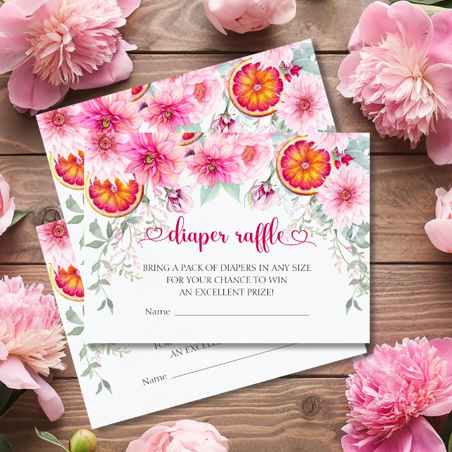 Watercolor Pink & Citrus Diaper Raffle Baby Shower Enclosure Card (Citrus and Pink Watercolor flowers baby shower diaper raffle enclosure card)