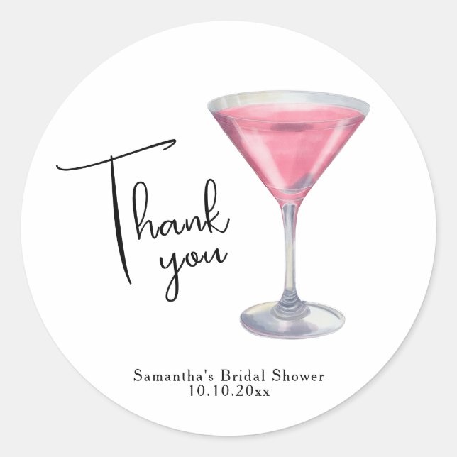Watercolor Pink Cocktail Bridal Shower Thank you Classic Round Sticker (Front)