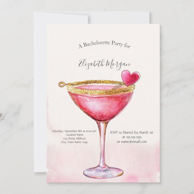 Watercolor Pink Cocktail Heart Bachelorette Party Invitation (Front)