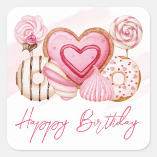 Watercolor Pink Cookies and Sweets Birthday Square Sticker