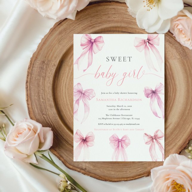 Watercolor pink coquette bows sweet baby girl invitation (Creator Uploaded)