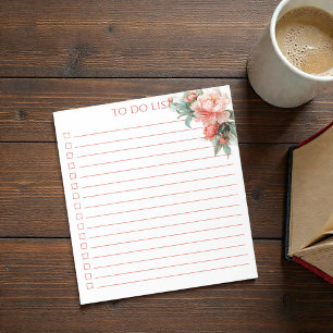 Watercolor Pink Coral Peony To Do List Modern Boho Notepad