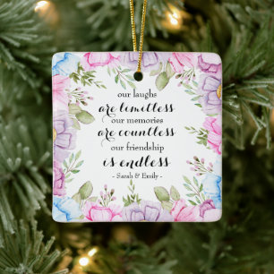 Watercolor Pink Cosmos Floral Wreath Best Friends Ceramic Ornament