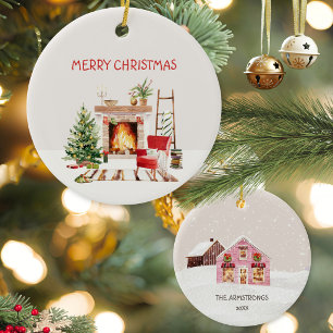 Watercolor Pink Cottage Fireplace Christmas Ceramic Tree Decoration