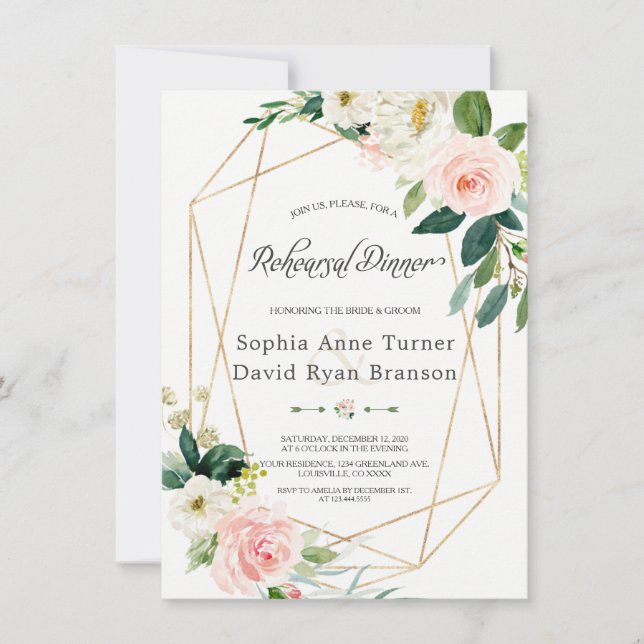 Watercolor Pink Cream Floral Gold Rehearsal Dinner Invitation (Front)