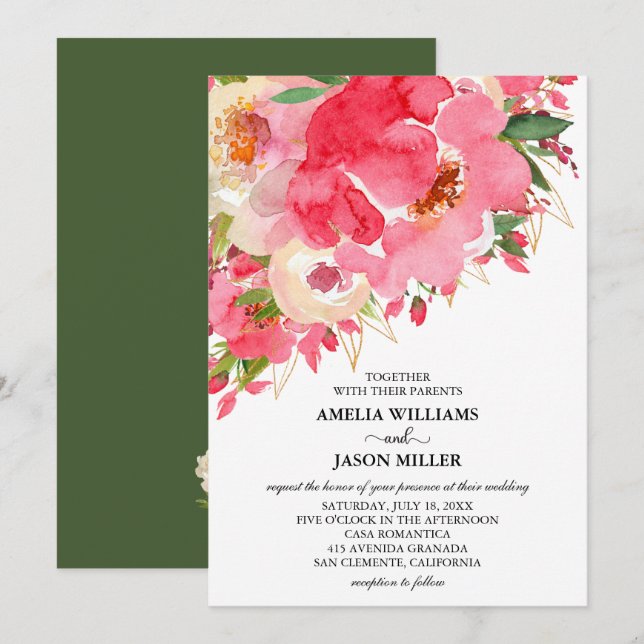 Watercolor Pink Cream Floral Wedding Invitations (Front/Back)