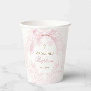 watercolor pink crest Baptism Paper Cups