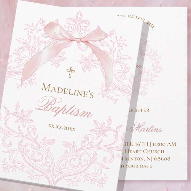  watercolor pink crest little bow Baptism Invitation (Creator Uploaded)