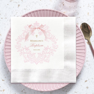 watercolor pink crest little bow Baptism Napkin