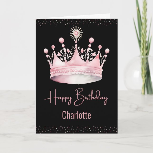 Watercolor Pink Crown Birthday Card (Front)