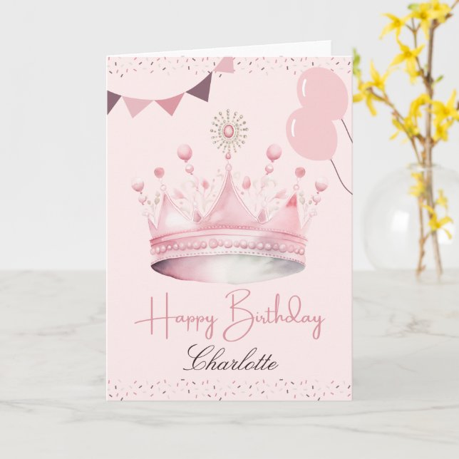 Watercolor Pink Crown Birthday Card (Yellow Flower)