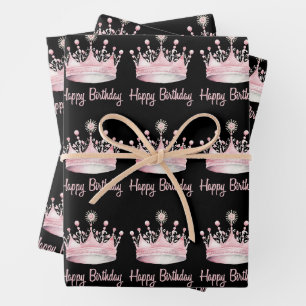 Watercolor Pink Crown Happy Birthday Wrapping Paper Sheet