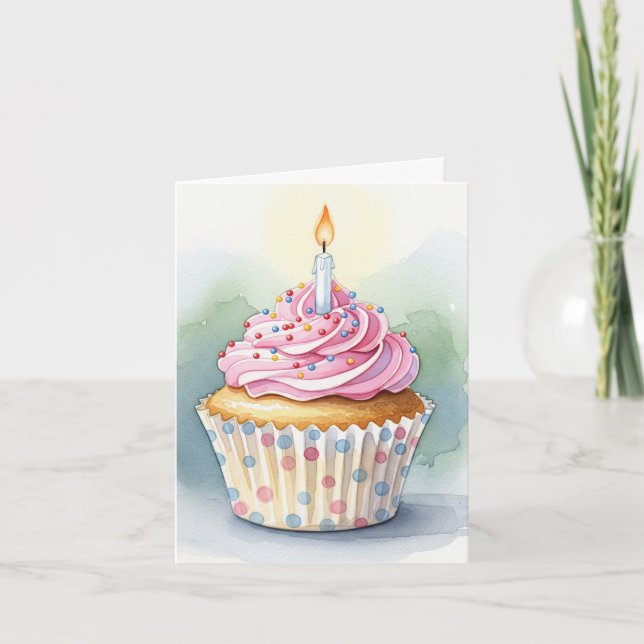 Watercolor Pink Cupcake Birthday Invitation (Front)