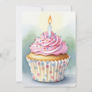 Watercolor Pink Cupcake Birthday Invitations