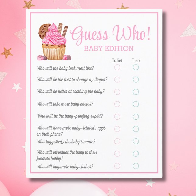 Watercolor Pink Cupcake Guess Who Baby Flyer (Creator Uploaded)