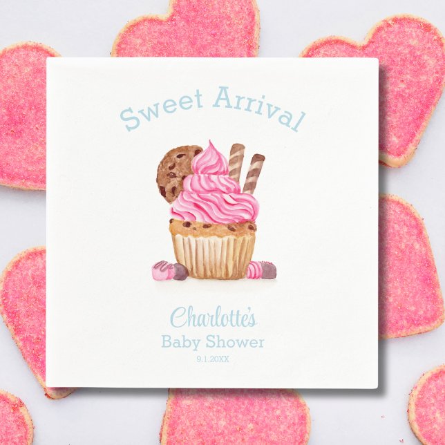 Watercolor Pink Cupcake With Chocolate Baby Shower Napkin (Creator Uploaded)