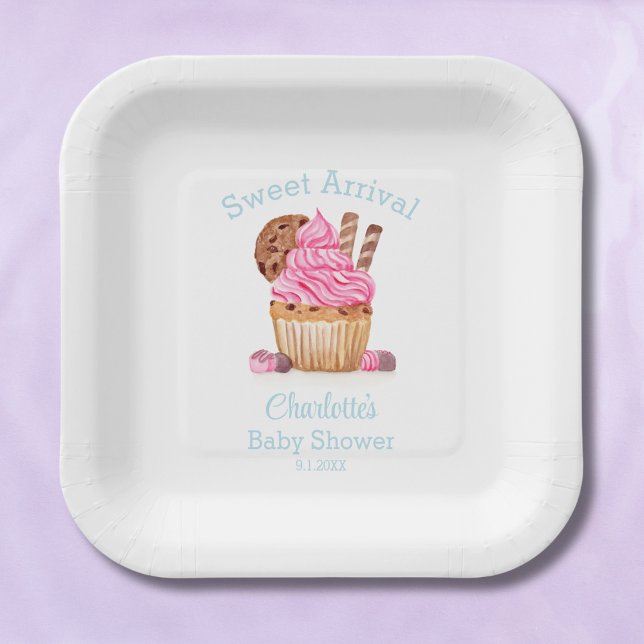 Watercolor Pink Cupcake With Chocolate Baby Shower Paper Plate (Creator Uploaded)