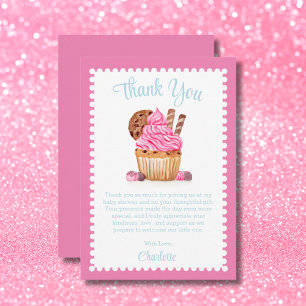 Watercolor Pink Cupcake With Chocolate Baby Shower Thank You Card
