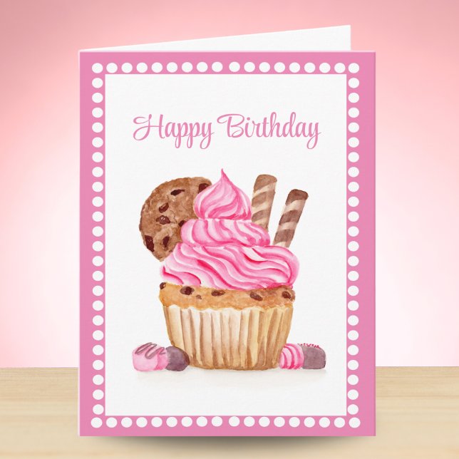 Watercolor Pink Cupcake With Chocolate Birthday Card (Creator Uploaded)