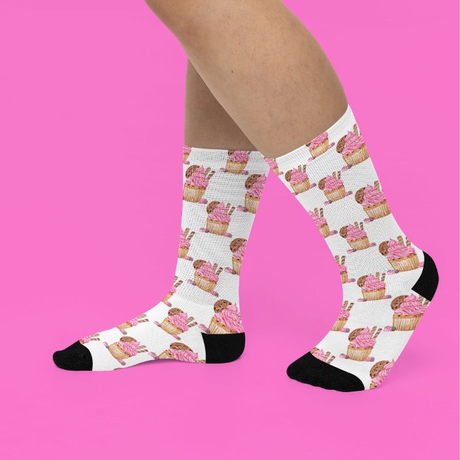 Watercolor Pink Cupcake With Chocolate Pattern Socks (Creator Uploaded)