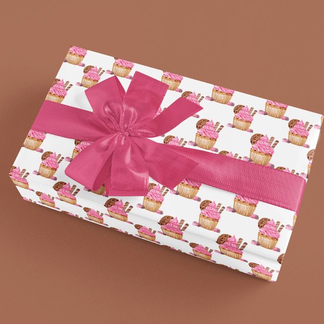 Watercolor Pink Cupcake With Chocolate Pattern Wrapping Paper (Creator Uploaded)