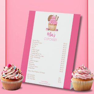 Watercolor Pink Cupcake With Cookie Bakery Pricing Pedestal Sign