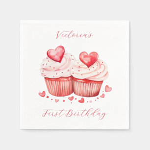 Watercolor Pink Cupcakes & Hearts Birthday Party Napkin