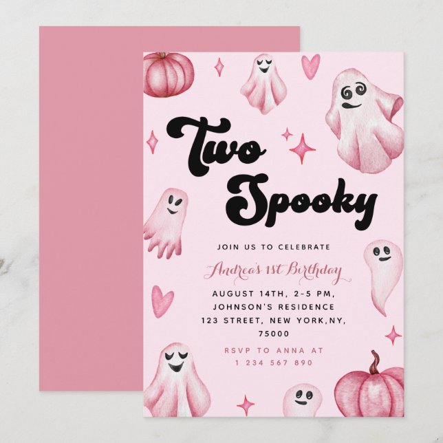 Watercolor Pink Cute Ghost Two Spooky 2nd Birthday Invitation (Front/Back)