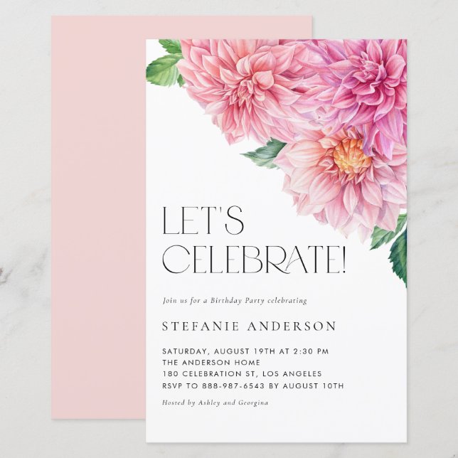 Watercolor Pink Dahlia Birthday Party Invitation (Front/Back)