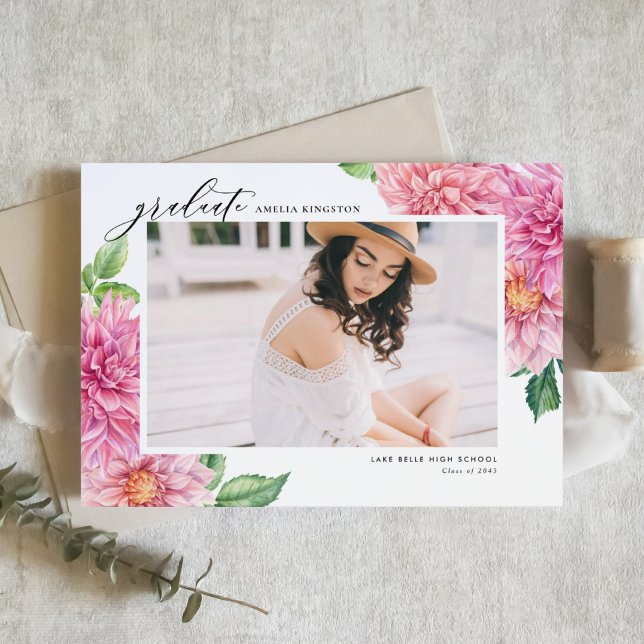 Watercolor Pink Dahlia Botanical Photo Graduation Invitation (Celebrate your milestone with this customizable watercolor pink dahlia photo graduation invitation.)